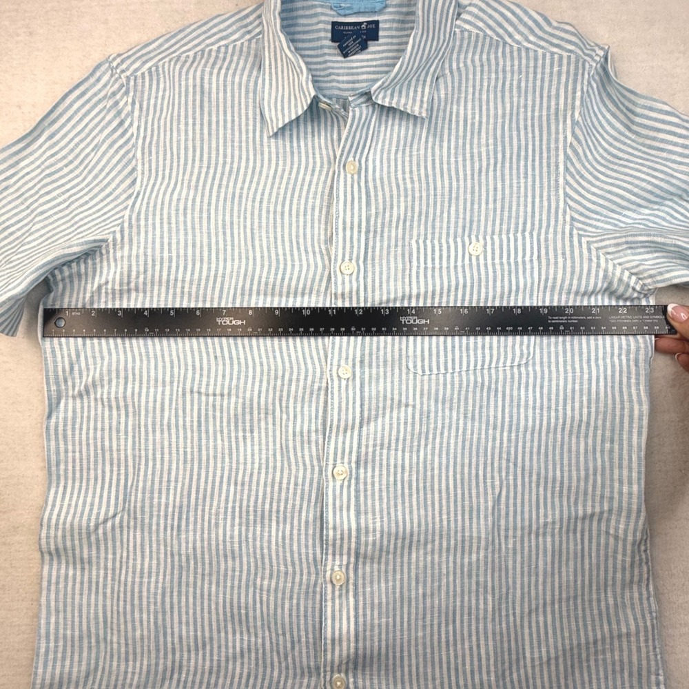 Caribbean Joe Mens Large Blue White Striped 100% Linen Shirt nautical resort - Picture 4 of 6
